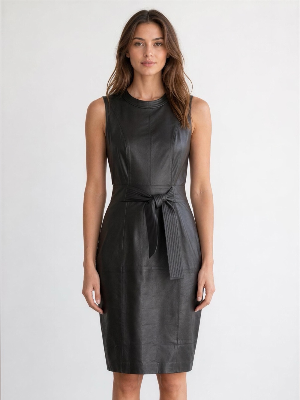 ANTONIO MELANI Black Sleeveless Leather Sheath with Waist Tie